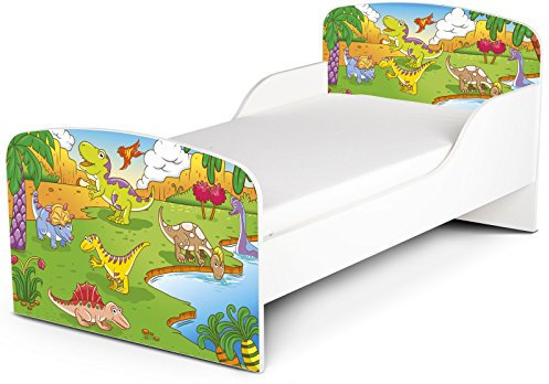 Leomark Funktionsbett aus Holz - Dinosaurier - Kinderbett mit Matratze, Holzbett mit Seitenschutz Lattenrost, Komplett Set für Kinder, Liegefläche 70/140 cm, UV-Druck