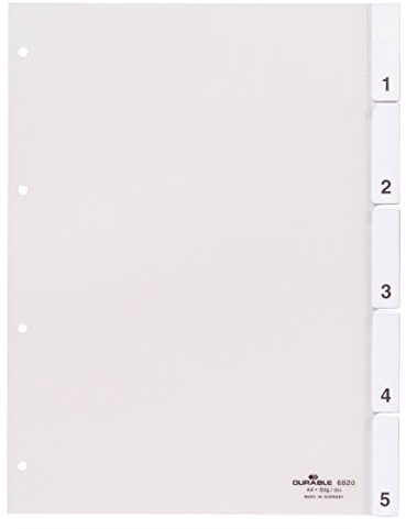 Durable Register A4 mit umschweißten Taben, 5tlg., 1 Stück, transparent, 682019 | Aus Hartfolie, auswechselbare Einsteckschilder, 80 mm Lochung, inkl. Blanko & nummerierte Schilder