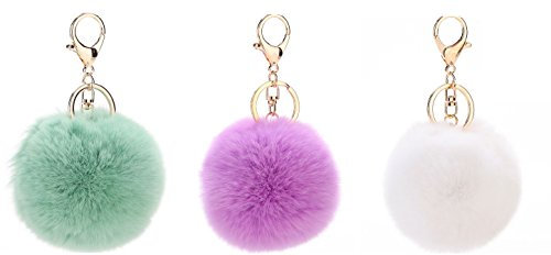 NOVAGO Lot de 3 Pompons Porte Clé Bijou de Sac à Main en véritable Poil de Lapin, Toucher Doux Garanti (Blanc, Vert, Violet Pastel)