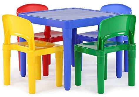 Humble Crew Primary BPA Free Plastic Square Table and 4 Chairs Set for Toddlers, Lightweight and Easy to Clean Furniture, Ideal for Learning, Playing, Eating and Crafting - Yellow/Blue/Green/Red