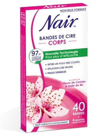 NAIR - Bandes de Cire Froide Corps aux Extraits de Fleur de Cerisier & d'Huile de Riz, 97% d'Origine Naturelle, 40 Bandes + 4 Lingettes Finition Douceur