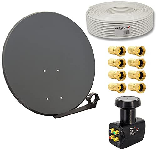 Premium X Satelliten-Komplettanlage 80cm Satellitenschüssel Anthrazit SAT Quad LNB 50m Kabel 8X F-Stecker für 4 Teilnehmer