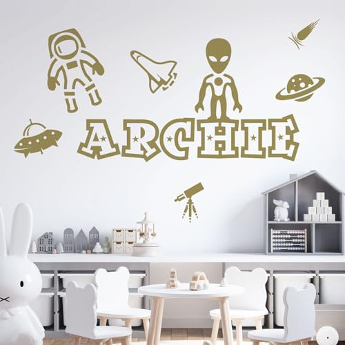 Wall Designer Personalisierte Namen Art Wand Aufkleber – Space Shuttle, Planeten, Alien, Comet, NASA, UFO, Astronaut – [nur Nachricht Uns mit der Name.], Gold, L (950 x 290 mm)