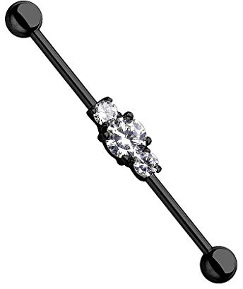 Piercingfaktor Piercing Hantel Universal Barbell Industrial Ohr Cartilage Helix Tragus Intim Brust Nippel Stab 3 Kristalle Schwarz 1,6mm