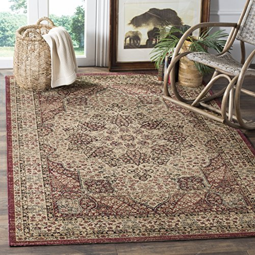 SAFAVIEH Traditionell Teppich für Wohnzimmer, Esszimmer, Schlafzimmer - Lavar Kerman Collection, Kurzer Flor, Creme und Rot, 122 X 183 cm