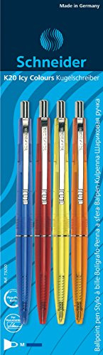 Schneider 73200 K20 Icy Colours Druckkugelschreiber (dokumentenechte Mine - Strichstärke M, Made,in Germany) 4er 4er Blisterkarte, sortiert, Schreibfarbe: blau
