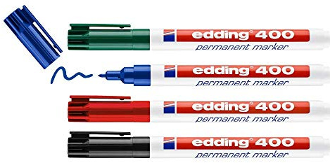edding 400 Permanent Marker - Black, Red, Blue, Green - 4 Pens - Fine Round Tip 1 mm - Waterproof, Quick-Drying, Smear-Proof Pens - For Cardboard, Plastic, Wood, Metal, Glass And Fabric, 4-400-4-1999