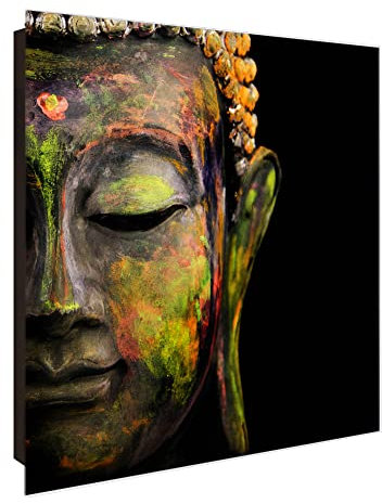 banjado® Großer Schlüsselkasten Glas/Schlüsselbox 30cm x 30cm mit 50 Haken - Motiv Bunter Buddha/Schlüsselkasten modern für Schlüsselaufbewahrung mit beschreibbarer, magnetischer Glastür