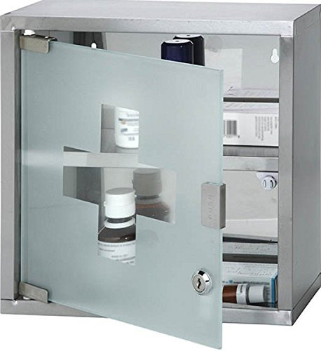Wall Mounted Lockable Stainless Steel Medicine Cabinet With 2 Shelves & Frosted Glass Door (Approx. 30 x 12.5 x 30cm)