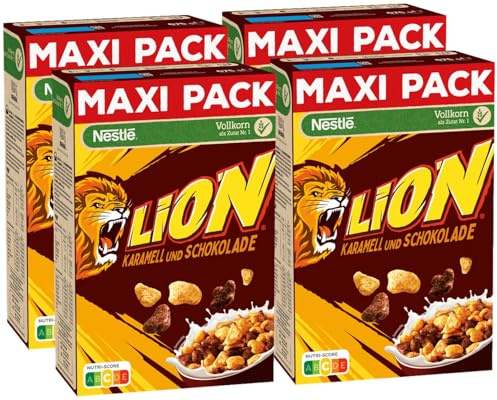 NESTLE Nestlé Lion Cereals, Cornflakes mit Schoko und Karamell Geschmack, 41% vitales Vollkorn, Mit Vitaminen und Mineralstoffen, Crunchy Knusper Flakes, Maxi Vorratspackung, 4er Pack (4x675g)