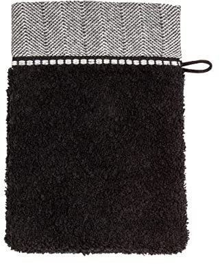 MÖVE Brooklyn Gant de Toilette uni avec une large bordure à chevrons 15 x 20 cm, Fabriqué en Allemagne, 85 % coton / 10 % viscose en pulpe de bambou / 5 % lin, Black (Noir)
