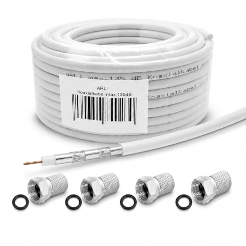 ARLI 20m Koaxialkabel max. 135 dB + 4x F-Stecker 5-fach geschirmt Sat Antennenkabel TV Kabel Koax Kabel 75 Ohm DVB-S2 DVB-T2 DVB-C2 BK-Anlagen Satkabel UHD Full HD 4K Weiß