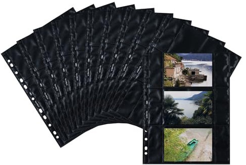 HERMA 7784 Fotohüllen für Ordner, 10 Stück, 9x13 cm quer, 3 Fächer geteilt, beidseitig bestückbare Fotophan Fotosichthüllen Sammelhüllen Postkartenhüllen Prospekthüllen mit Eurolochung, schwarz