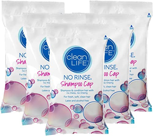 Cleanlife Products No-Rinse Shampoo Cap (5 Pack) - Waterless, Rinseless Hair Washing and Conditioning Shower Caps for Bathing Elderly, Bedridden, Hospital Patients - Disposable, Hypoallergenic