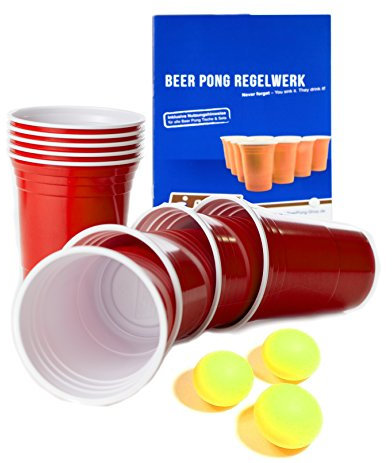 BeerCup Lot de 100 gobelets pour jouer au Beer Pong Cups 16 oz. (473 ml) Rouge Avec Balles et règles de jeu de Beer Pong + 3 orangene Bälle