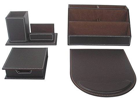 KINGFOM 4pcs Leder büro Schreibtisch Set- Inklusive Schreibtisch Organisator,Mauspad, Stifthalter mit Visitenkartenhalter und Zettelbox (T41K)
