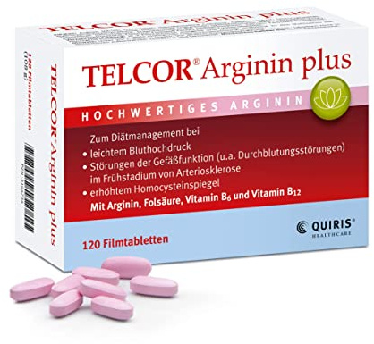 Telcor Arginin plus, 120 vegane Filmtabletten, bei leichtem Bluthochdruck und im Frühstadium von Arteriosklerose, mit Vitamin B6, B12 und Folsäure ergänzt, Qualität Made in Germany…