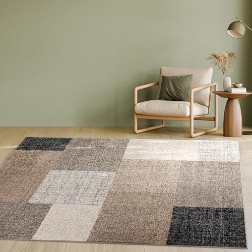 Paco Home Designer Teppich Modern Kariert Kurzflor Teppich Design Meliert In Braun Creme, Grösse:200x290 cm