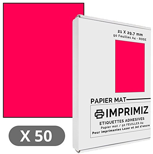 50 Feuilles Adhésives ROSE Fluo - 210 X 297 mm - Mat - pour imprimantes Laser et Jet d'encre - 50 planches A4 autocollantes