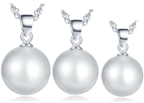 Unendlich U Klassisch Damen Perlen Halskette 8-13mm Rund Perle Ketten Anhänger 925 Sterling Silber Perlenkette, 3 Stück Set