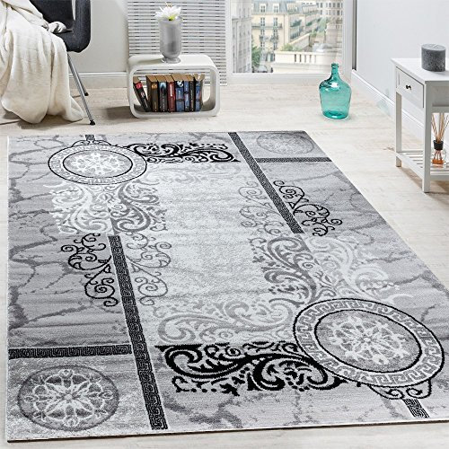 Paco Home Designer Teppich Modern Meliert Floral mit Mäander Muster Kreise Grau Schwarz, Grösse:80x150 cm