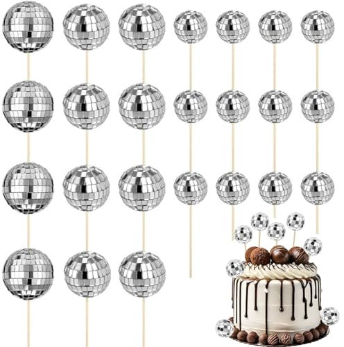 Disco Ball Cake Decorations, 24pcs Mini Disco Balls for Cake, Disco Balls Cake Toppers for Party Desserts, 3 Sizes Disco Ball Cake Decoration for Birthday, Festival, and Photography Props 