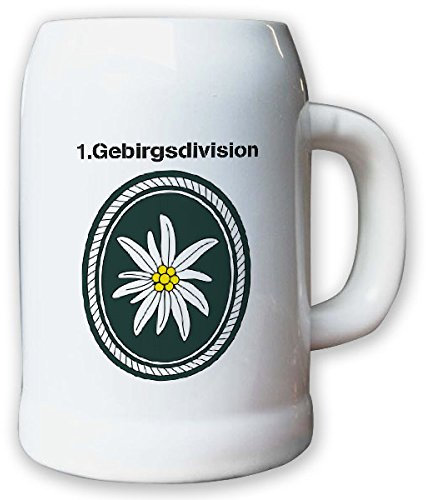 Jarra/Jarra de cerveza de 0,5 – Jarra de cerveza 1. Division 1 gebdiv División de Montaña Montaña Cazadores unidad Bundeswehr Vendajes nadadores Escudo nadadores inoxidable color blanco # 13017