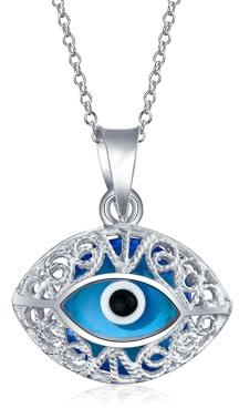 Bling Jewelry Protección De Turquía Estilo Vintage Azul Filigrana Oval Evil Eye Charm Collar Colgante Para Mujeres Adolescentes De Cristal De Murano .925 Plata De Ley Hecho En Turquía