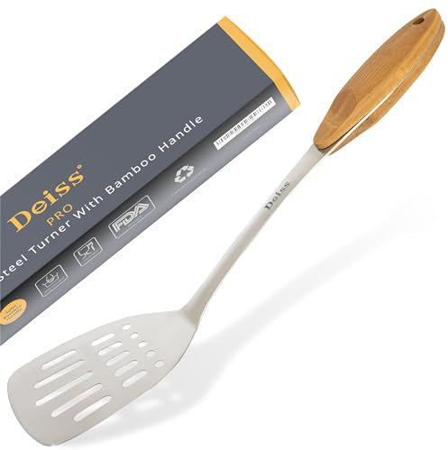 Deiss PRO Metal Spatula with Wooden Handle — Slotted Turner for BBQ — Perfect for Grilling, Scraping, Turning Meat, Mixing Scrambled Eggs, Flipping Burgers - Comfortable Bamboo Handle