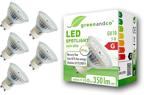 greenandco 5x GU10 LED Spot | 5W 350 lm | 3000K warmweiß | 110° | 230V | CRI 90+ | flimmerfrei | nicht dimmbar