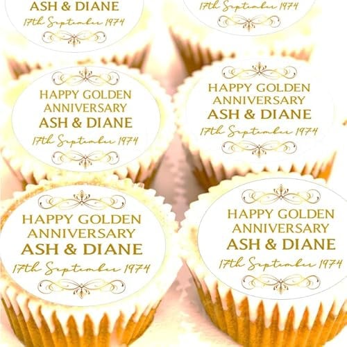 Golden Wedding Cupake Toppers - Personalised Names and Wedding Anniversary Date - 50th Anniversary Cake Decorations - Edible Icing or Wafer - (4.5cm x 24 Wafer)