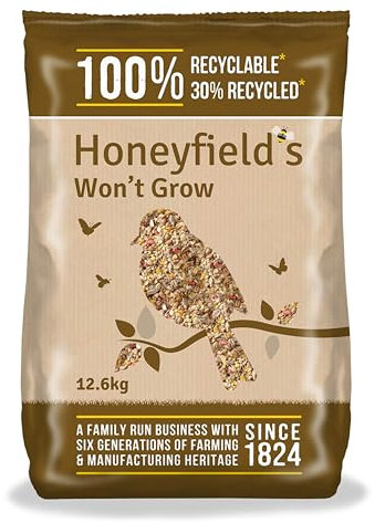 No Grow Bird Seed Mix for Wild Birds - Wild Bird Food for Small Birds for Patios and Non-Grass Areas, Kibbled Sunflower Hearts, Kibbled Peanuts, Ground Feeding and Bird Tables (12.6kg) - Honeyfield’s