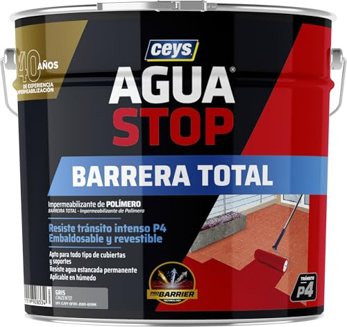 Ceys - Aguastop Barrera Total - Impermeabilizante de Polímero para Tránsito P4 - Recubrimiento Elástico - Barrera Total Contra el Agua - Gris - 4 Kg