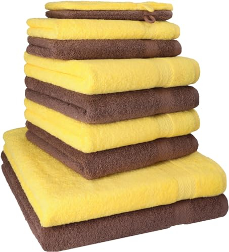Betz 10-TLG. Handtuch-Set Premium 100% Baumwolle 2 Duschtücher 4 Handtücher 2 Gästetücher 2 Waschhandschuhe Farbe Gelb & Nuss Braun