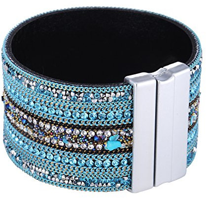 Morella Damen Glitzerarmband breit verziert mit Zirkoniasteinen und Magnetverschluss türkis weiß