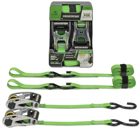 SMARTSTRAPS 10-Foot Ratchet Straps, Green (2pk) – 1,500 lbs Break Strength 500 lbs Safe Work Load Tie-Downs Designed for Light-Duty Transport Safely Haul Your Light Equipment Dirt Bikes ATVs and More