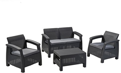 Keter GF06784 Corfu Outdoor 4 Seater Rattan Sofa Furniture Set with Accent Table - Graphite with Cream/Mushroom Cushions