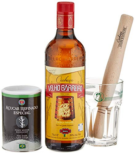 Velho Barreiro Caipi-Set II-Caiprinha Bundel, Cachaca, Rohrzucker, Stampfer, Glas in Geschenkverpackung (1 x 0.7 l)