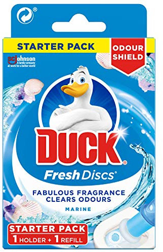 Duck Fresh Discs Toilet Cleaner Starter Kit, Fights Stains That Harbour Germs, Prevents Limescale Build Up, Marine, 1 Holder + 1 Refill