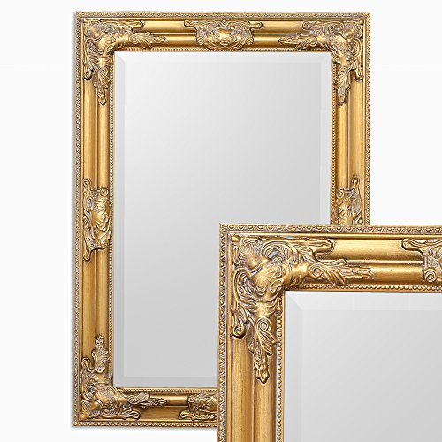 LEBENSwohnART Wandspiegel BESSA Gold antik 70x50cm barock pompös Spiegel Design Holzrahmen Schminkspiegel Frisierspiegel