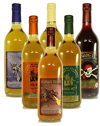 6 Fl. Probierpaket Honigwein á 0,75l Nr. 3: Elfenzaube, Feuriger Drache, Piraten Blut, Met Tannenhonig, Met Orangenhonig, Met Yukatanhonig