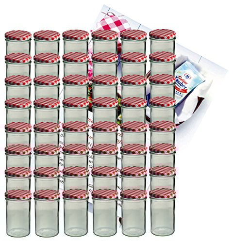 MamboCat 48er Set Sturzglas 435 ml Marmeladenglas Einmachglas Einweckglas to 82 rot Karierter Deckel incl. Diamant-Zucker Gelierzauber Rezeptheft
