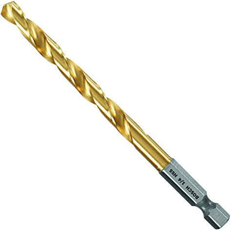 BOSCH TI2143IM 1-Piece 1/4 In. x 4 In. Titanium Nitride Coated Metal Drill Bit Impact Tough with Impact-Rated Hex Shank for Applications in Heavy-Gauge Carbon Steels, Light Gauge Metal, Hardwood