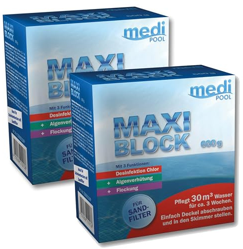 Maxiblock 3 in 1 Vorteils-Set, 2X 600g, organisch, langsam löslich, Aktivchlor-Gehalt mindestens 90%, Desinfektion, Algenschutz, Flockung für Pools mit Sandfilteranlagen, mit Pool-Pflegetipps extra