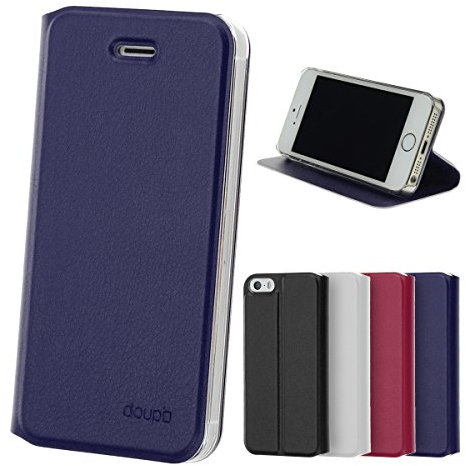 doupi Flip Case für iPhone SE / 5S / 5, Deluxe Schutz Hülle mit Magnetischem Verschluss Cover Klappbar Book Style Handyhülle Aufstellbar Ständer, blau