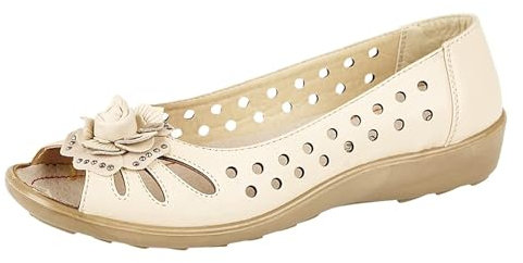 Boulevard Womens Wide Fit Leather Lined Open Peep Toe Flower Summer Shoes Beige 7
