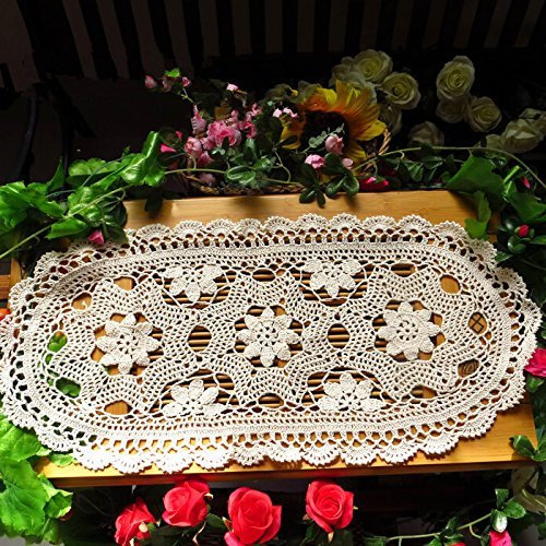 Ustide Tischläufer aus Baumwolle, handgehäkelt, oval, auch Platzdeckchen oder Tablettauflage, 30 x 70 cm, beige