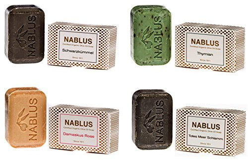 Nablus Soap - Le Savon Nablus À L'Huile D'Olive Paquet De 4 Savon Rose De Damas, Boue De La Mer Morte, Thym, Cumin Noir, idéal pour les peaux sensibles, Hypo-allergenique bio 4 x 100g