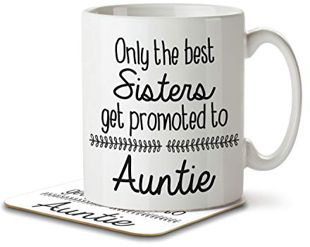 The Inky Penguin - Best Sisters Promoted to Auntie - Baby Announcement Mug and Coaster, Ceramic, 11fl. oz.