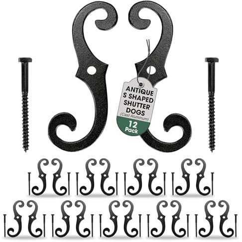 Renovators Supply Manufacturing Black Shutter Dogs 6.5 in. S Shaped Cast Aluminum Shutter Dogs with Mounting Hardware (Pack of 12 Pairs)